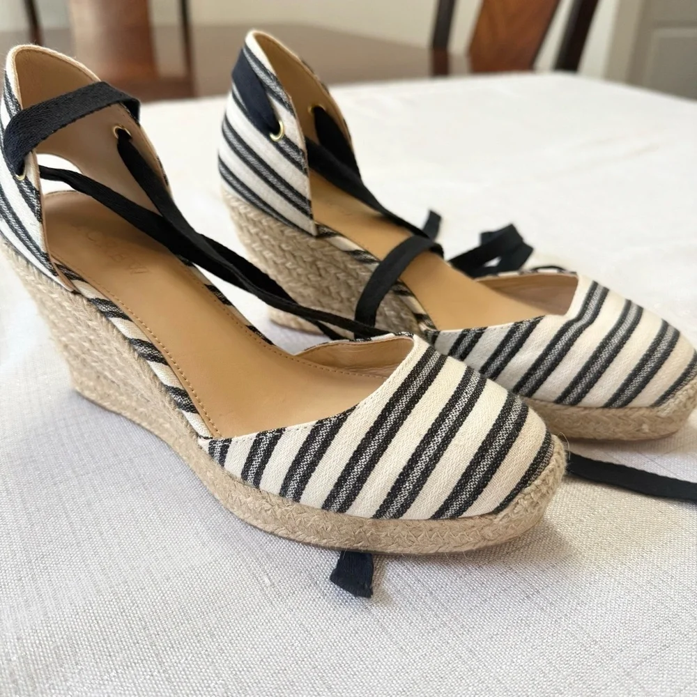 New J. Crew Size 6.5 Espadrille Wedges Ankle Wrap Black Cream Stripe Shoes